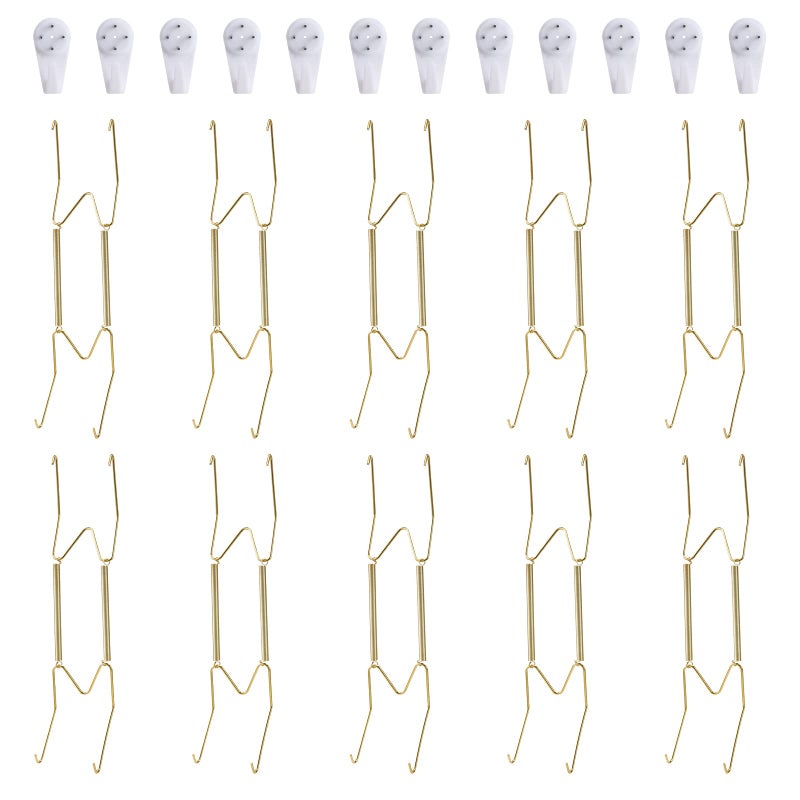 Fasunry 10 Piece Plate Hangers, 10 Inch Invisible Brass Wall Plate Hangers, Comes with 12 Piece Wall Hooks for Decorative Plates - Image 1